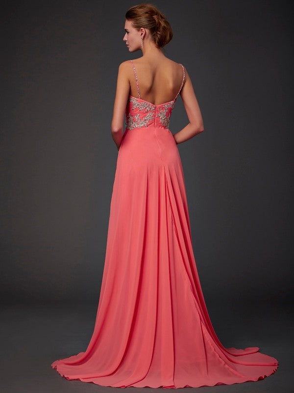 Wholesale A-Line/Princess Scoop Sleeveless Lace Sweep/Brush Train Chiffon Dresses